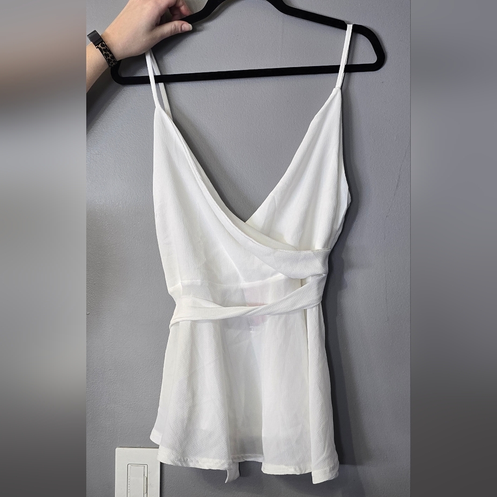 Boohoo Plus White Tie Front Peplum Cami